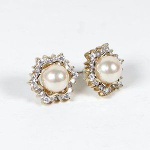Sterling Silver 925 Faux Pearl CZ Starburst Gold Plated Earrings Signed PAJ